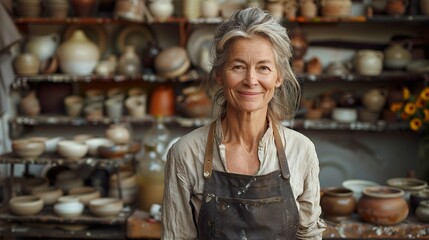 Smiling mature caucasian female sculptor making ceramic pottery with wooden stick