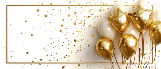 Festive shimmering gold star balloons and an opulent gold-framed border against a blank background, celebration, elegance, and events, or as a sophisticated template for invitations