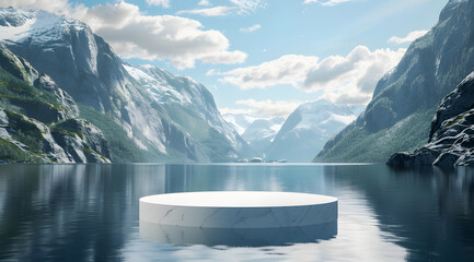 A minimalist Product podium on the water surrounded Norwegian fjord