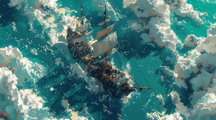 Depict a thought-provoking social commentary on maritime adventures through a worms-eye view perspective, using pixel art techniques to symbolize the complexity of human interactions with the sea