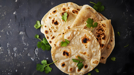 Chapati traditional tortillas with fresh parsley on a graphite background Indian flatbreads Top view copy space : Generative AI