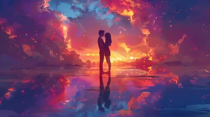 Illustrate a scene where lovers embrace in a virtual realm, surrounded by a harmonious blend of colors that intensify the amorous atmosphere, merging reality and fantasy seamlessly Traditional Art Med - obrazy, fototapety, plakaty
