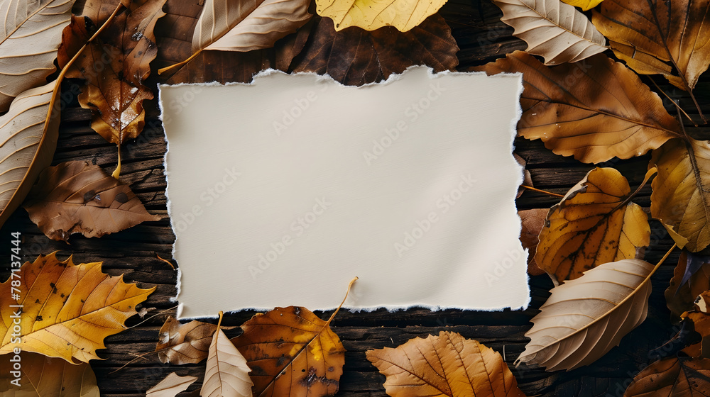 Aufkleber Autumn composition with paper blank and dried leaves on table Flat lay top view copy space : Generative AI