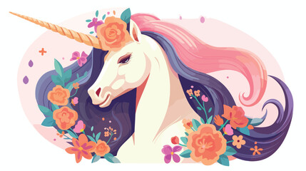 Beautiful unicorn with flowers in mane cartoon flat vector