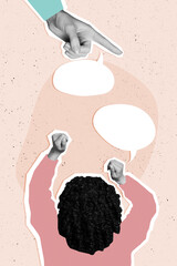 Vertical collage young girl angry mad conflict discrimination human hand pointing finger body...