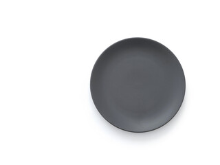 Empty black round plate template top view isolated on white background with copy space