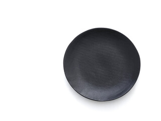 Empty black round plate template top view isolated on white background with copy space