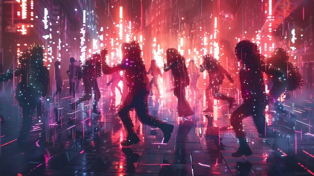 Illustrate the convergence of futuristic technologies and dance through a pixel art medium Use vibrant colors and precise detailing to showcase unique camera angles that highlight the intricate choreo