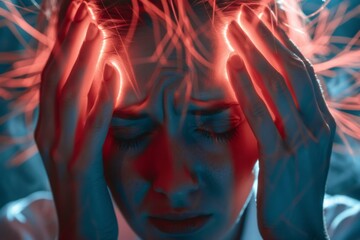 Woman grimacing in pain, clutching her head from a headache - obrazy, fototapety, plakaty