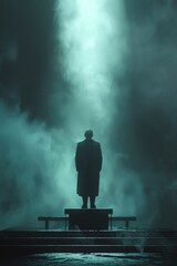 Craft a spine-chilling image of a figure delivering a speech under the night sky, surrounded by a misty atmosphere and dimly lit surroundings, infusing the essence of horror thrills into the realm of - obrazy, fototapety, plakaty