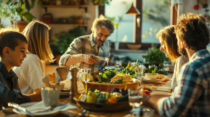 A heartwarming family scene as they gather around a table to enjoy a meal crafted from their own homegrown ingredients, cherishing the farm-to-table experience and family bond.