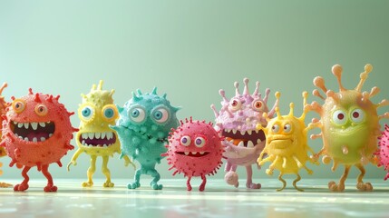 3d render of a group of cute and colorful germs with big eyes