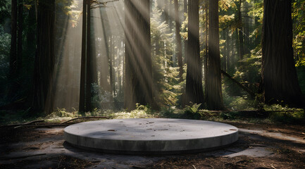 A round empty concrete podium in the middle of forest