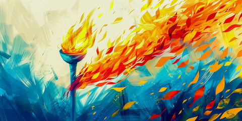 The 2024 Olympic Games in Paris, the capital of France. Watercolor sketch of the Olympic torch on a bright background. The scene of the medal presentation and the award ceremony. - obrazy, fototapety, plakaty