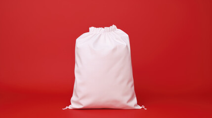 White blank drawstring bag on red background.