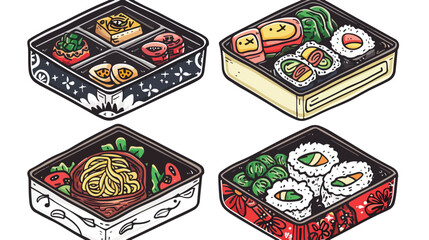 Hand drawn bento boxes. Japanese lunch boxes