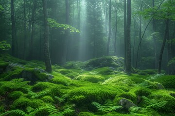 AI-generated illustration of sunlight filtering through a forest onto lush green moss