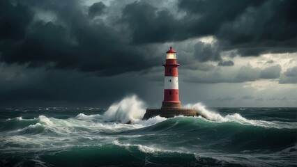 Lighthouse braving stormy sea waves