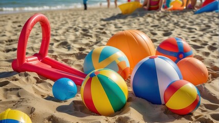 Obraz premium Colorful beach balls scattered on sandy beach
