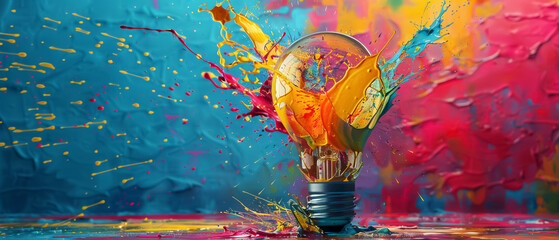 A creative burst of colorful paint splashing from a shattering light bulb, metaphorically illustrating the explosive power of innovation, the vibrant eruption of ideas - obrazy, fototapety, plakaty