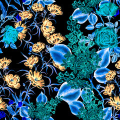 Fototapeta na wymiar Watercolor seamless pattern with garden flowers. Vintage spring or summer floral pattern. Flower seamless pattern. Botanical art. Wedding floral set. Watercolor botanical design. 
