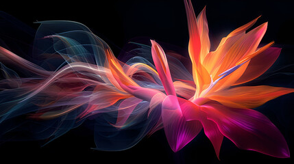 Colored abstract bird of paradise on a black background, generative Ai