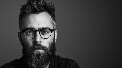 An image of a man with glasses and a beard in black and white. - obrazy, fototapety, plakaty