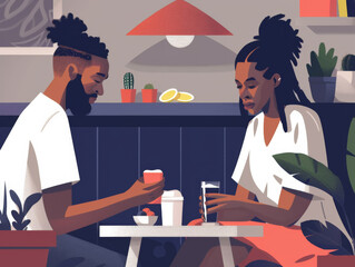 A stylized illustration of a couple having a meal together in a cozy setting.