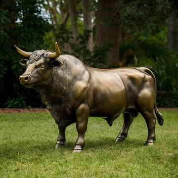 A stunning bronze sculpture of a majestic bull, captured from the side view. The bull's muscular body is perfectly rendered, with each muscle and detail prominent