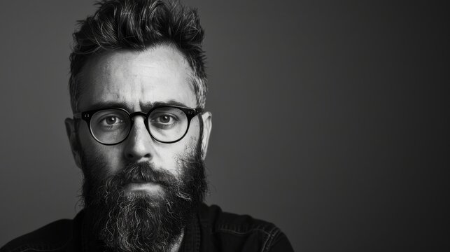An image of a man with glasses and a beard in black and white.