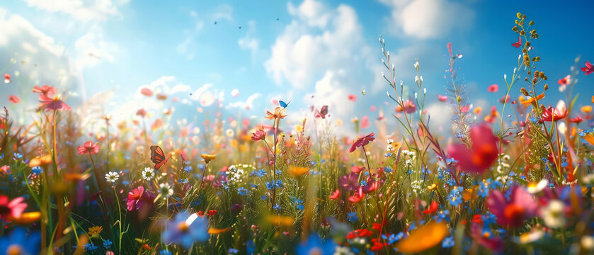 Field of wildflowers and butterflies under a bright blue sky, full of life, a soft breeze, and the warmth of the sun, painterly texture