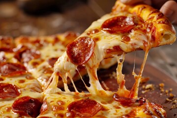Close-up of a hot pepperoni pizza slice with stretchy melted cheese, perfect for food enthusiasts. - obrazy, fototapety, plakaty