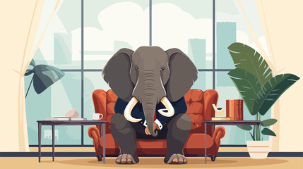 Big elephant sitting inside an office. flat vector 