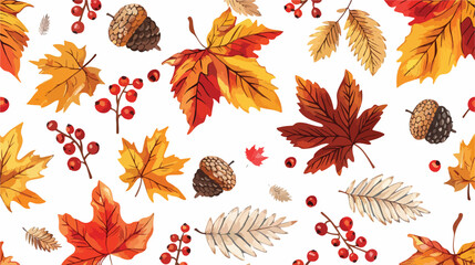 Hand drawn Four autumn leaves rowan acorn and chestnu - obrazy, fototapety, plakaty