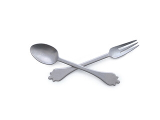 Flat lay cutlery on white background, fork and spoon isolated overhead