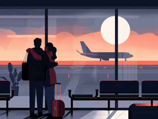 Illustration of a couple embracing in an airport terminal, watching a plane take off at sunset.