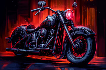 A colorful motorcycle with a neon light on the front wheel.