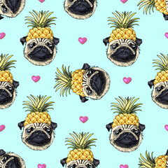 Pattern Pug dog in a gold Pineapple crown. Seamless background with the image of funny cartoon pug 