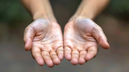 Closeup of a persons open palms releasing any negative thoughts and embracing a more optimistic outlook on life. . - 787139247