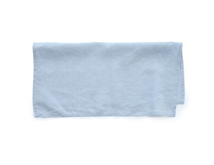 Flat lay with blue linen kitchen napkin isolated on white background. Folded cloth for mockup