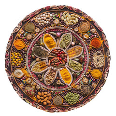 An intricately patterned mandala created from a variety of spices, symbolizing the unity and diversity of flavors from around the world, isolated on transparent background