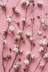 Elegant Cotton Branches on a Pastel Pink Background Flat Lay