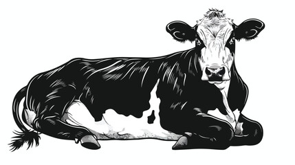 Fototapeta premium Black And White Cow Lying Down. Cow in lines. Cow 