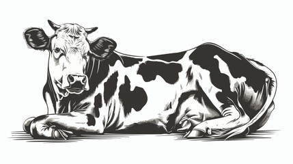 Naklejka premium Black And White Cow Lying Down. Cow in lines. Cow 