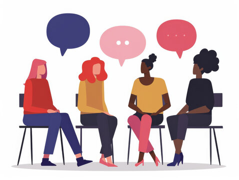 Illustration of four diverse women sitting with speech bubbles implying a conversation.