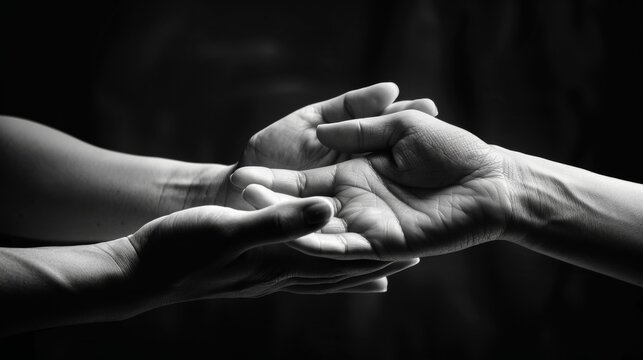 Two people's hands. Black and white image showing the hand of a rescuer (helper).