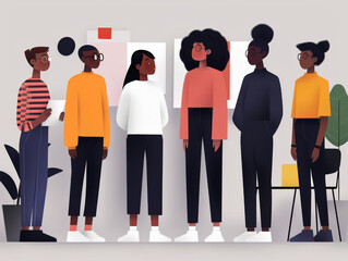 A stylized illustration of six diverse people standing in a row with a neutral background. - obrazy, fototapety, plakaty