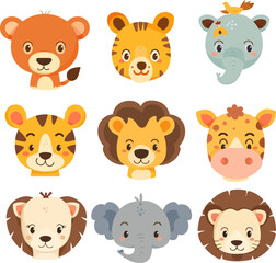 Set of avatars representing different animals. Colourful and attractive animal illustration in vectorial, isolated on white background, zoo animals