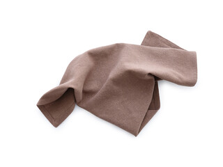 Overhead shot of a brown linen kitchen napkin isolated on white background. Folded cloth for mockup