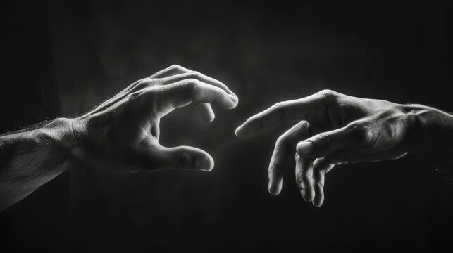 Several hands at the moment of breakup. The concept of breakup. On a black background isolated on a white border. Image.